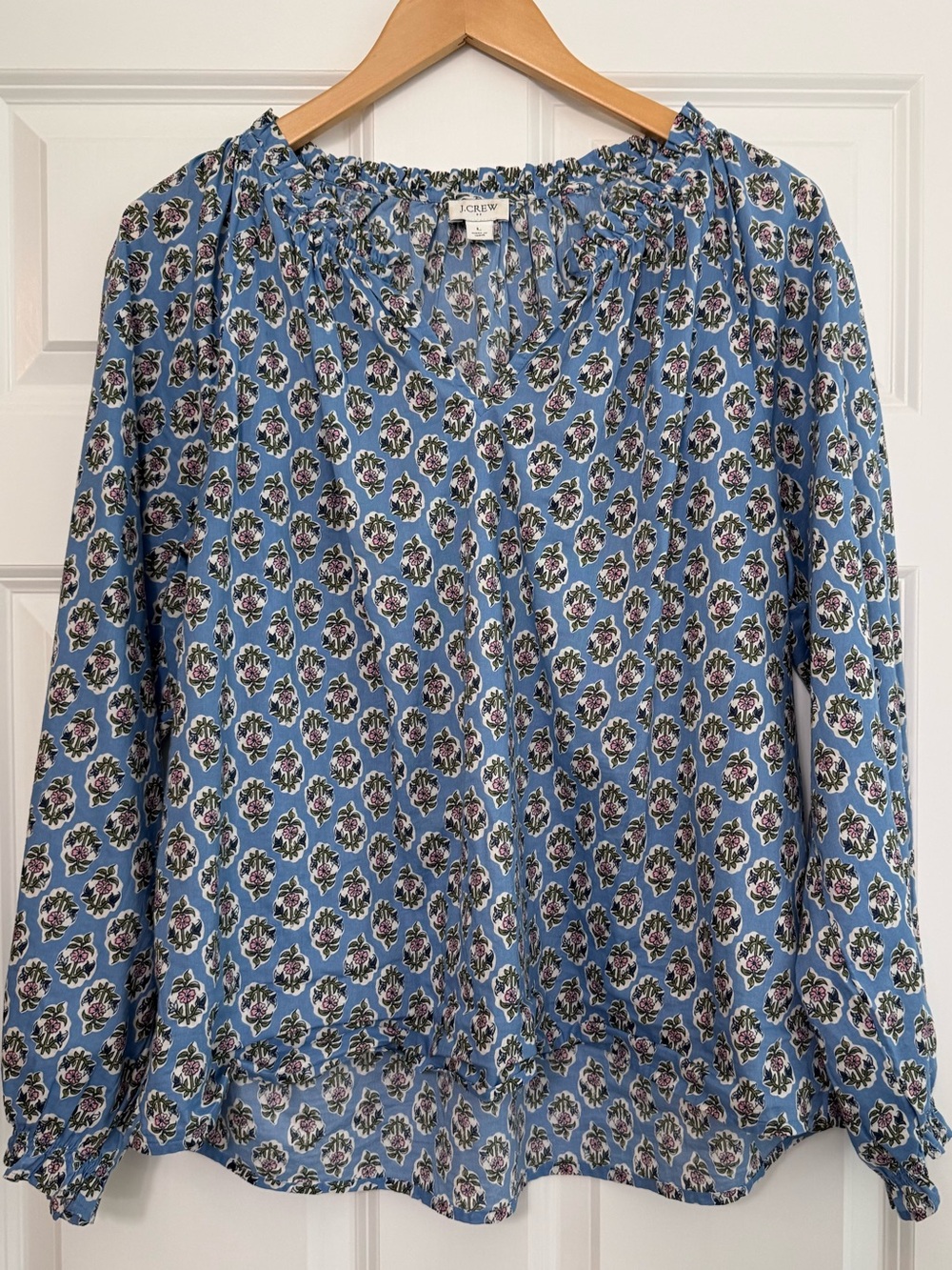 J. Crew Sky Blue Floral Tie-Neck Blouse